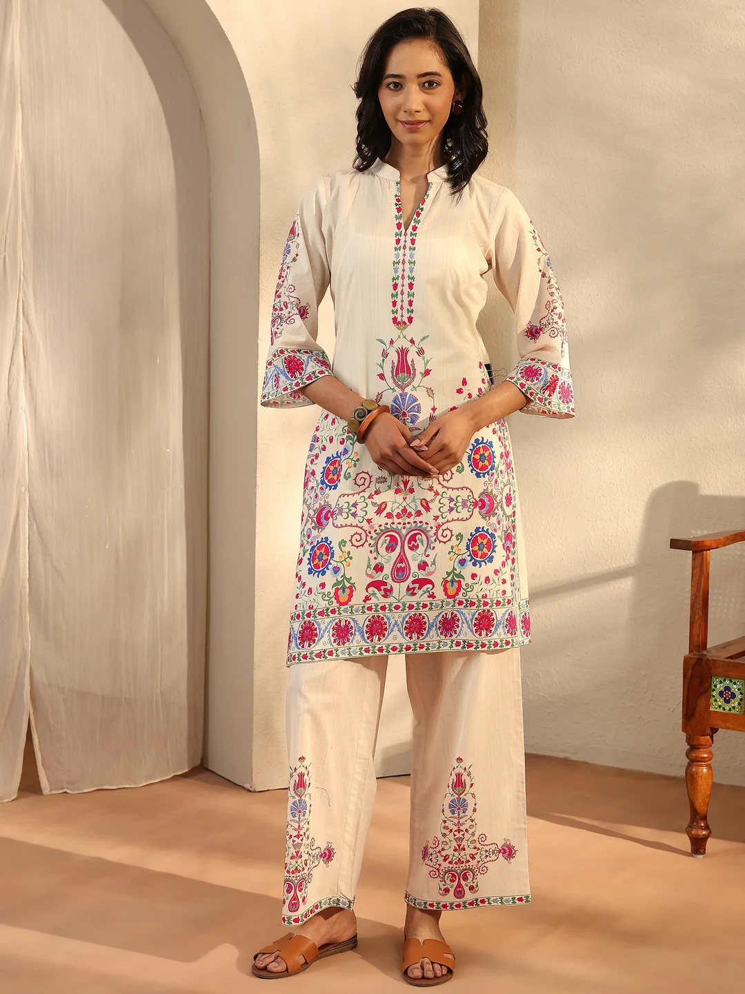 Off White Printed Cotton Blend Co-Ord Set